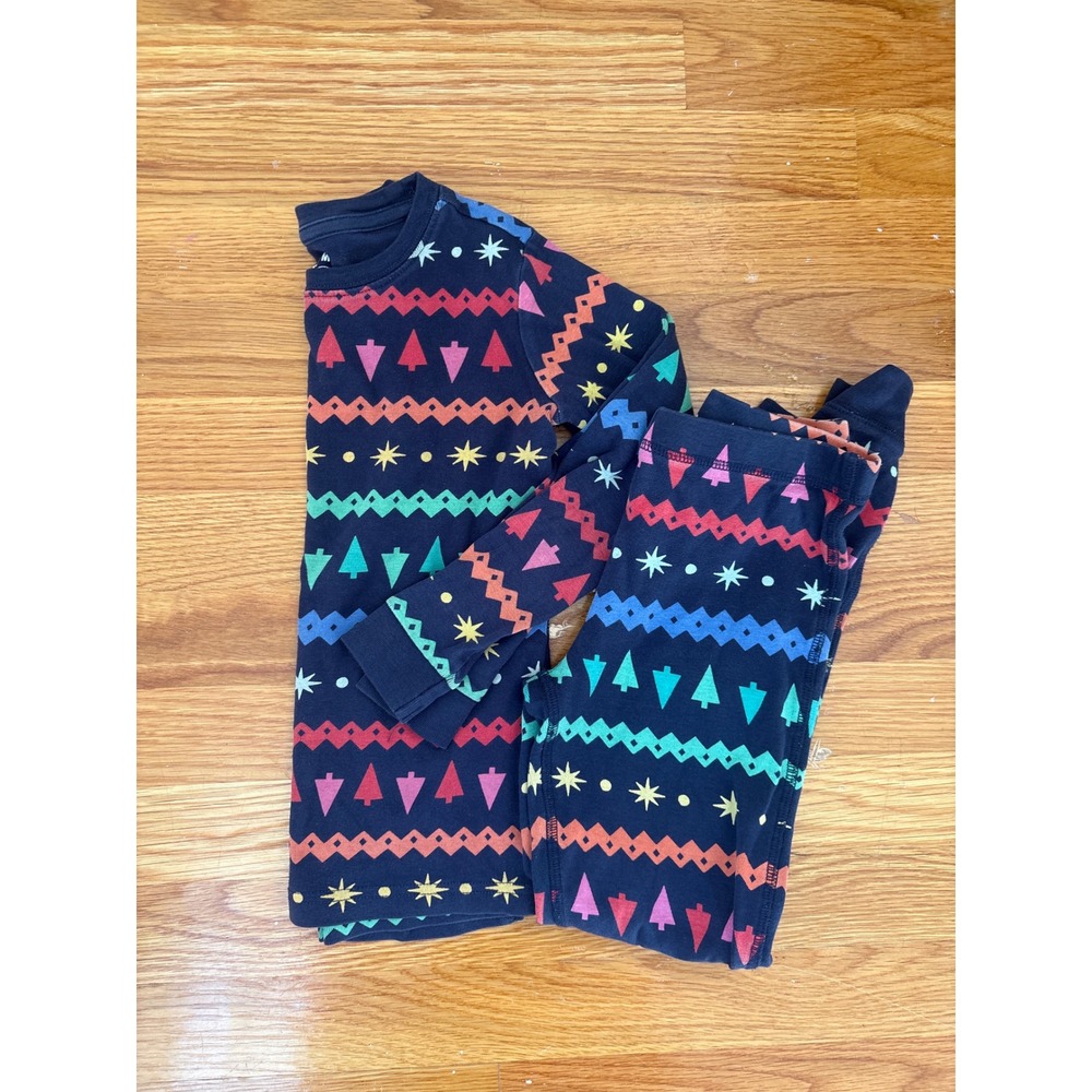 Primary Kids Organic Cotton Pajama Set Navy Blue Holiday Fair Isle Trees 8-9